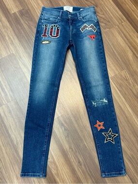 Dark Blue Skinny Jeans with Embroidered Patches - Women's